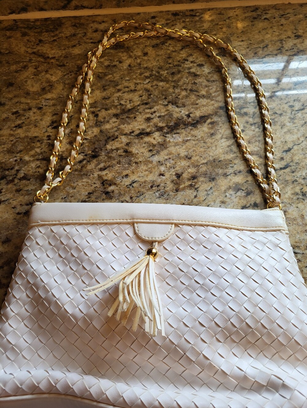 Bueno 10x7 White Cream Woven Faux Leather Shoulder Bag with Gold Chain Strap - Picture 9 of 13
